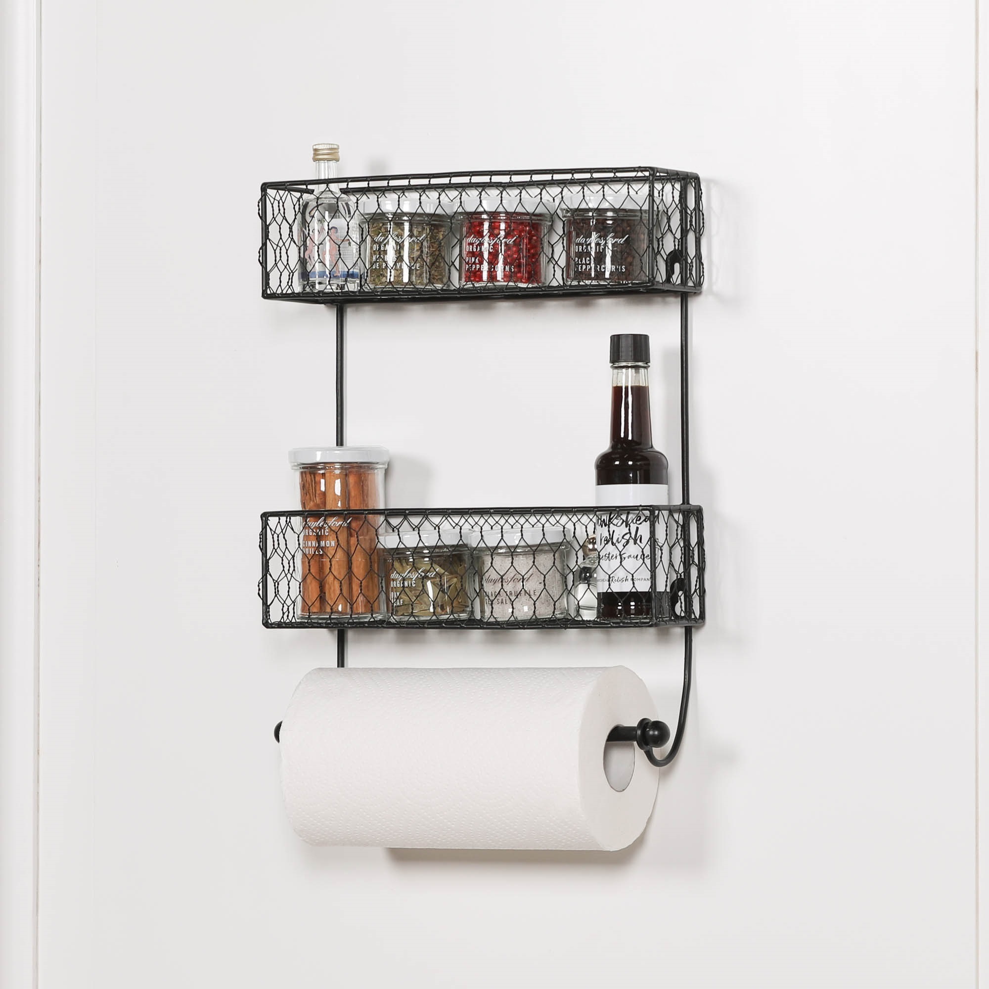 Black Metal Mesh Wall Mounted Spice Rack Kitchen Roll Holder